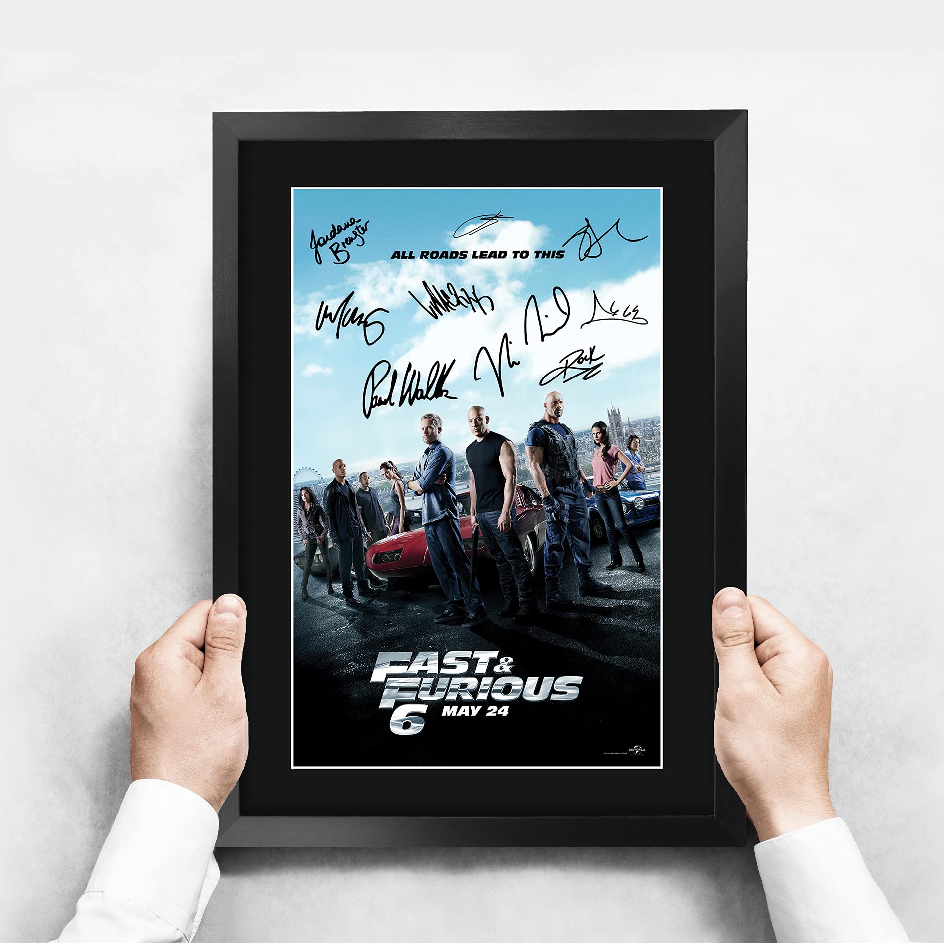 HWC Trading Poster mit Autogramm und Autogramm von FR A3 Fast & Furious 6 Vin Diesel, Paul Walker, Dwayne Johnson Gifts, für Film-Fans – A3 gerahmt