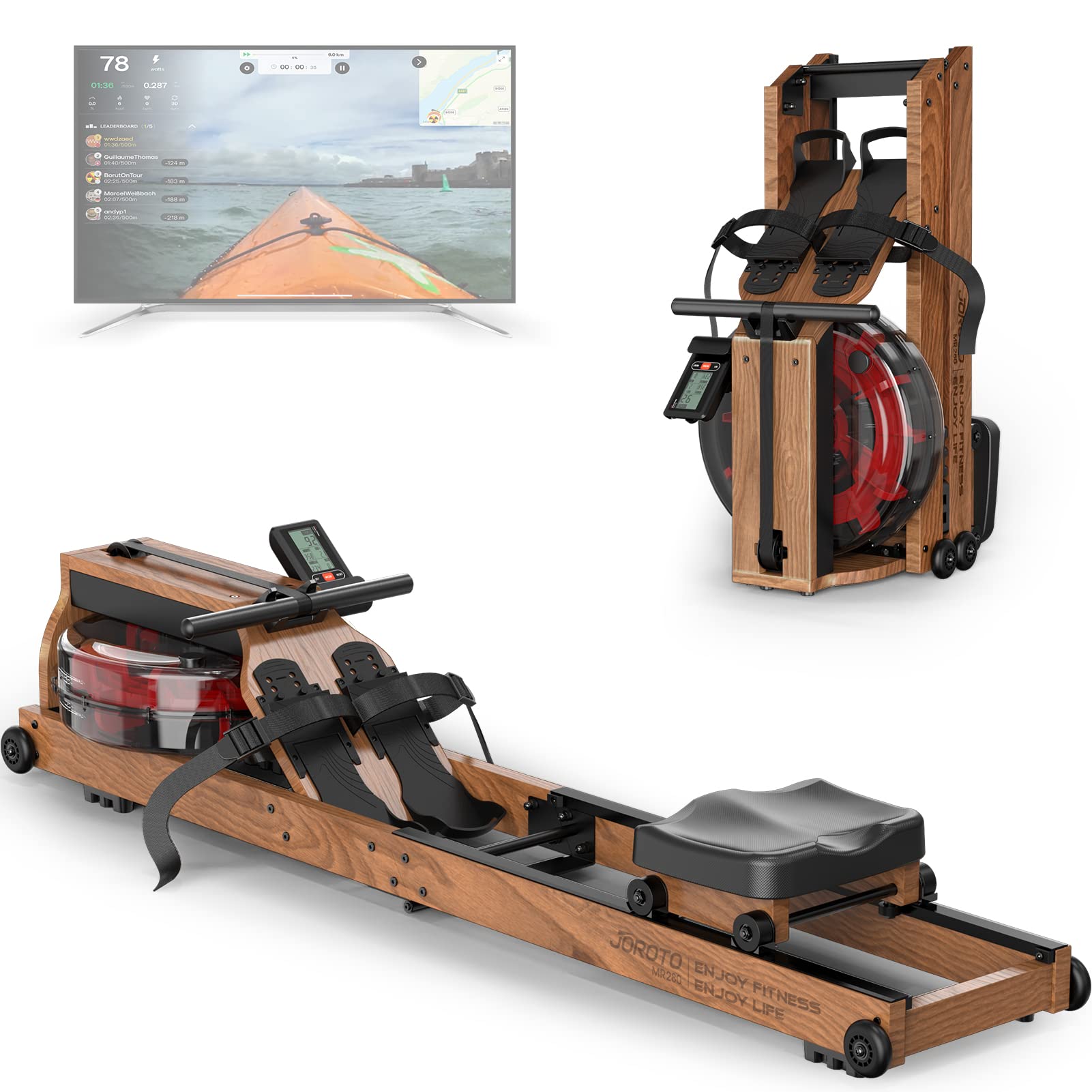 JOROTO Water Rowing Machines for Home Use,Foldable Rowing Machine Oak Wood Rower Machine with Large Water Tank,350LBS Weight Capacity,Bluetooth Monitor,Tablet HolderJOROTO Water Rowing Machines for Home Use,F…