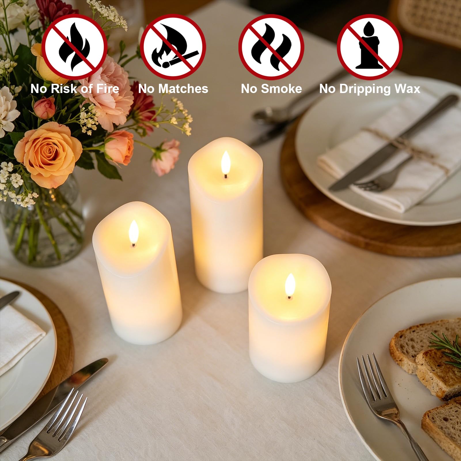 Candele ricaricabili senza fiamma, a batteria, con telecomando e timer, candele a LED tremolanti, alimentate tramite USB, stoppino 3D bianco, in vera cera, set di 3 decorazioni per cene