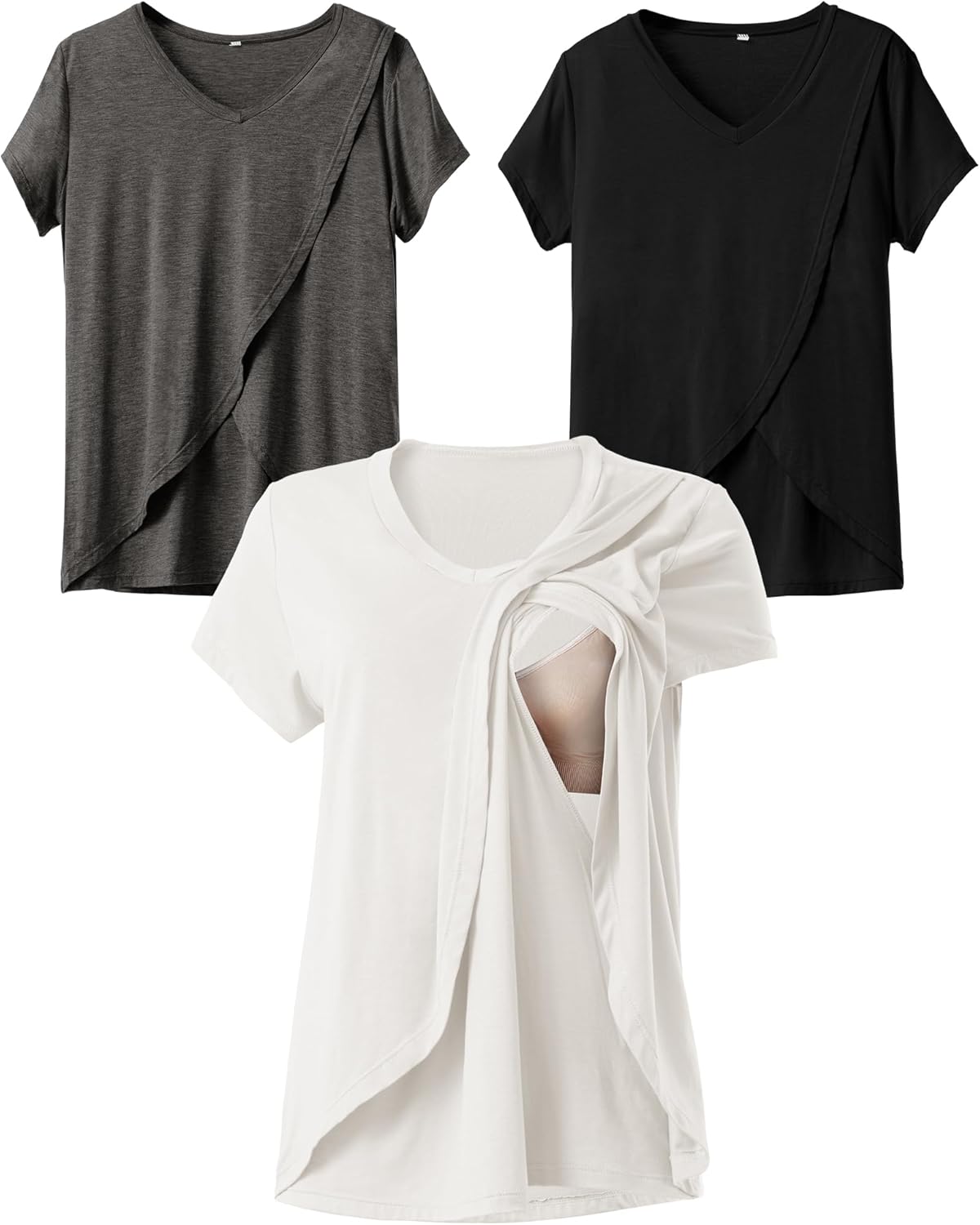 Rnxrbb V Neck Nursing Tops for Breastfeeding Tshirts Summer Postpartum Clothes Sets Short Sleeve 3 Pack Double Layer