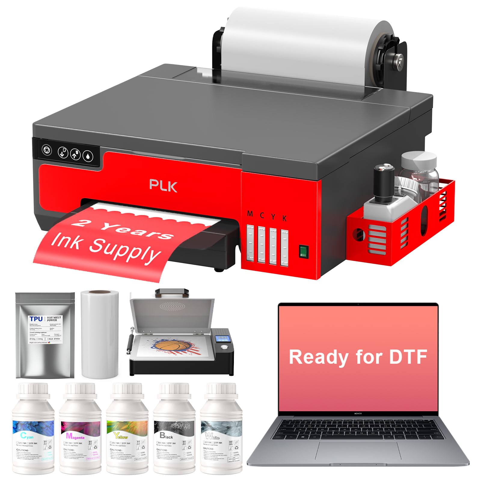 PLK A4 DTF Printer with XP600 Printhead, Roll Feeder, ???????????????????????????????? ????8058 DTF Transfer Printing Machine with White Stirring System 100% Transfer for DIY Print(Printer+Oven+Laptop)