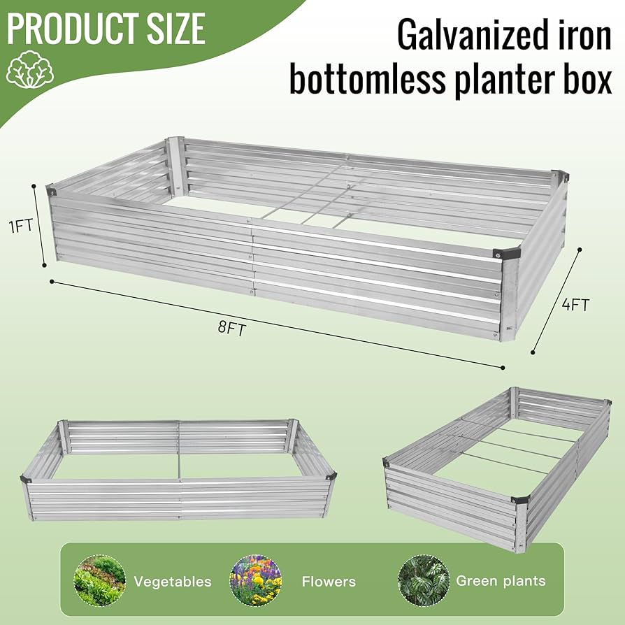 2pcs 8x4x1FT Galvanized Raised Garden Beds Outdoor For Vegetables Galvanized Planter Boxes Metal Raised Beds For Gardening