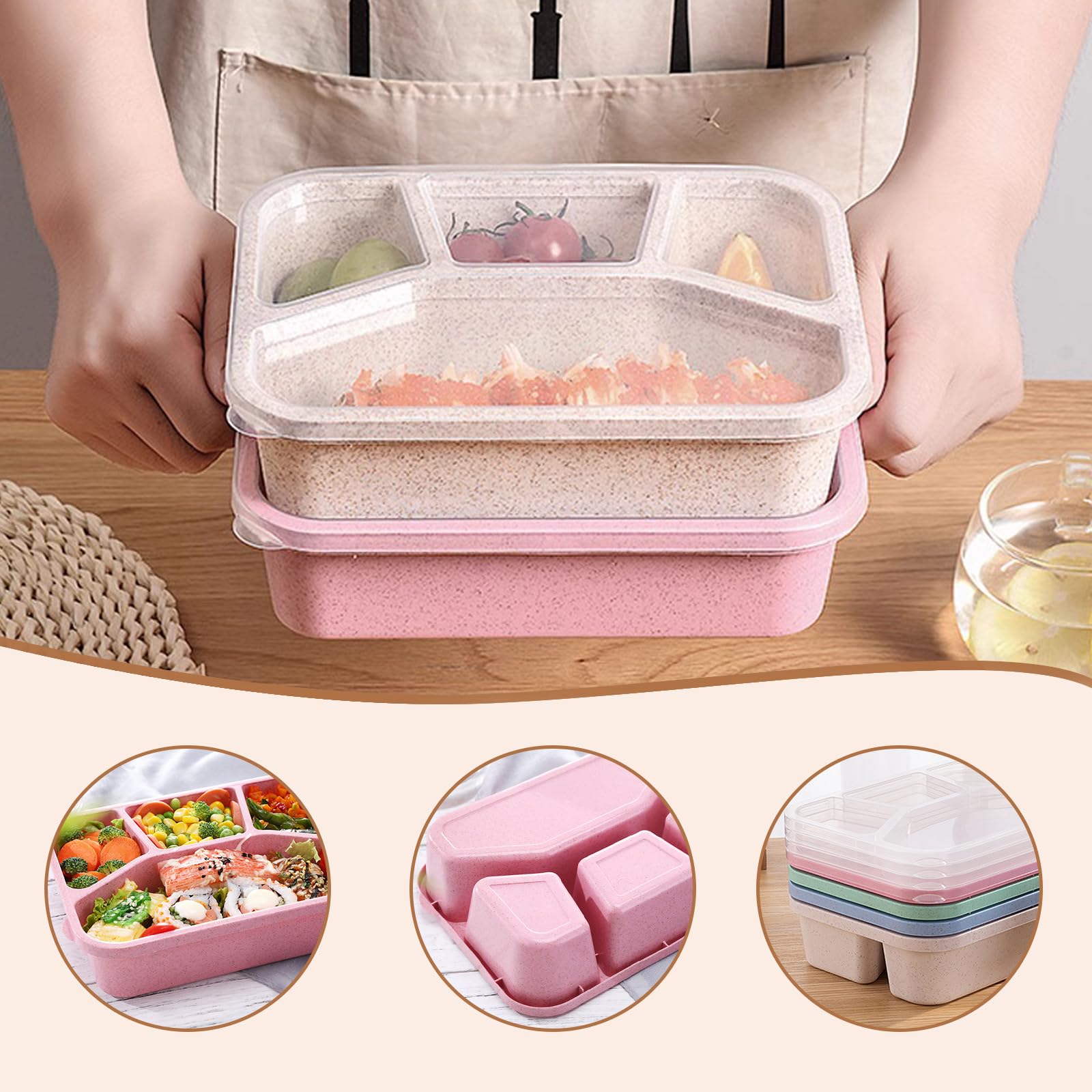 4 Pack Lunch Bento Box, Five Compartment Individually Sealed Snack Box Plastic Compartment Lunch Box With Transparent Lid Reusable Prevent Cross Flavoring And Microwaveable Pink Blue Purple Green