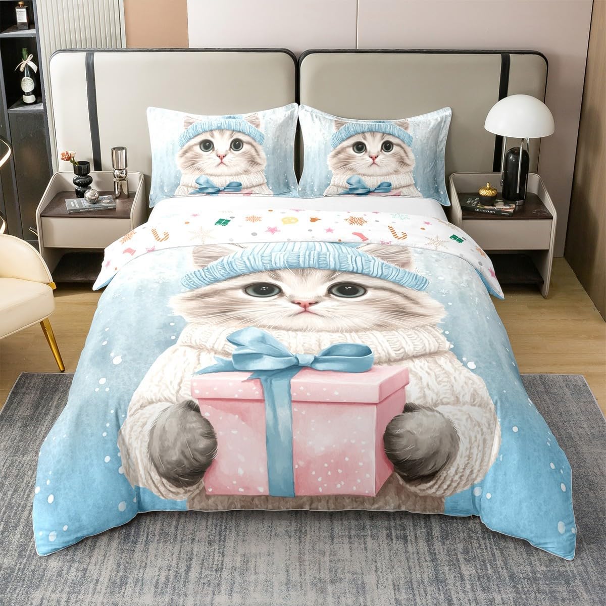 Manfei Full Size Duvet Cover Cute Cat 100% Pure Cotton Comforter Cover Pet Cat Bedding Set with 2 Pillowcases (Not Comforter) Happy New Year Quilt Cover