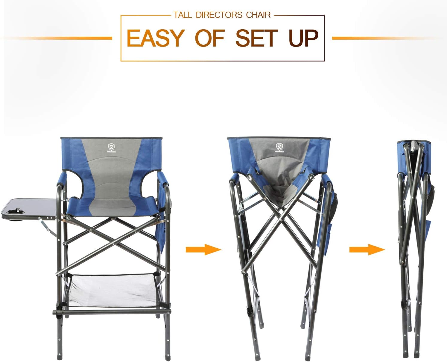 EVER ADVANCED Tall Directors Chair Foldable Makeup Artist Chair Bar Height with Side Table Cup Holder and Storage Bag Footrest, Supports 350LBS (Blue/Grey) : Home & Kitchen