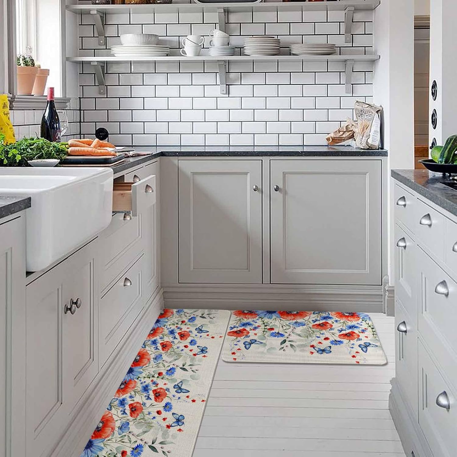 Red Blue Flowers Kitchen Rugs and Mats Set of 2, Non-Slip Kitchen Sink Mat, Spring Floral Farmhouse Botanical Rustic Washable Doormat Bathroom Rugs Runner for Bedroom 19.7"x23.6"+19.7"x47.2"