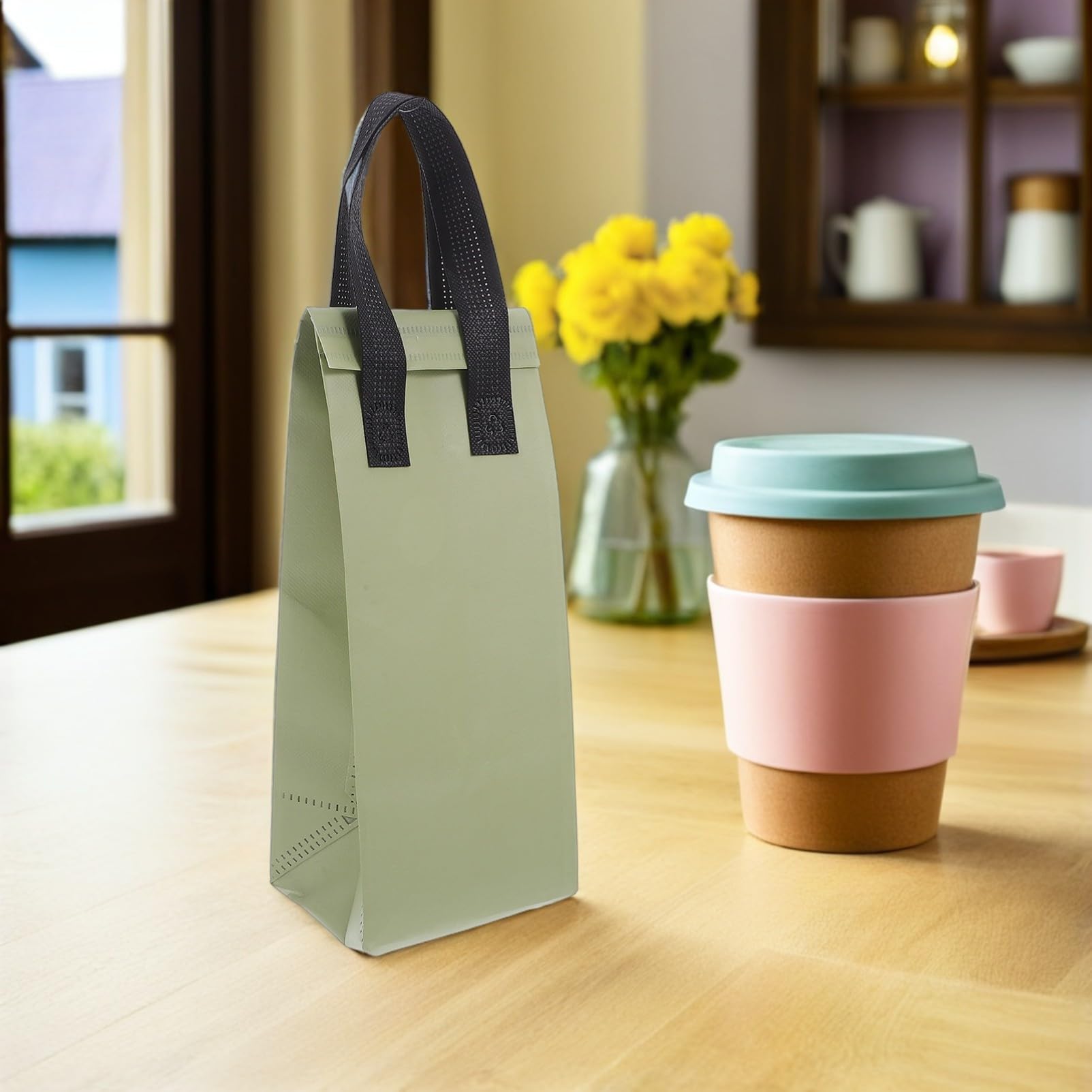 Gatuida 50 pièces Sac Isotherme Réutilisable avec Anse Sac Livraison Portable pour Boissons Chaudes Froides Isolé pour Transport Café Thé Jus Vert Olive