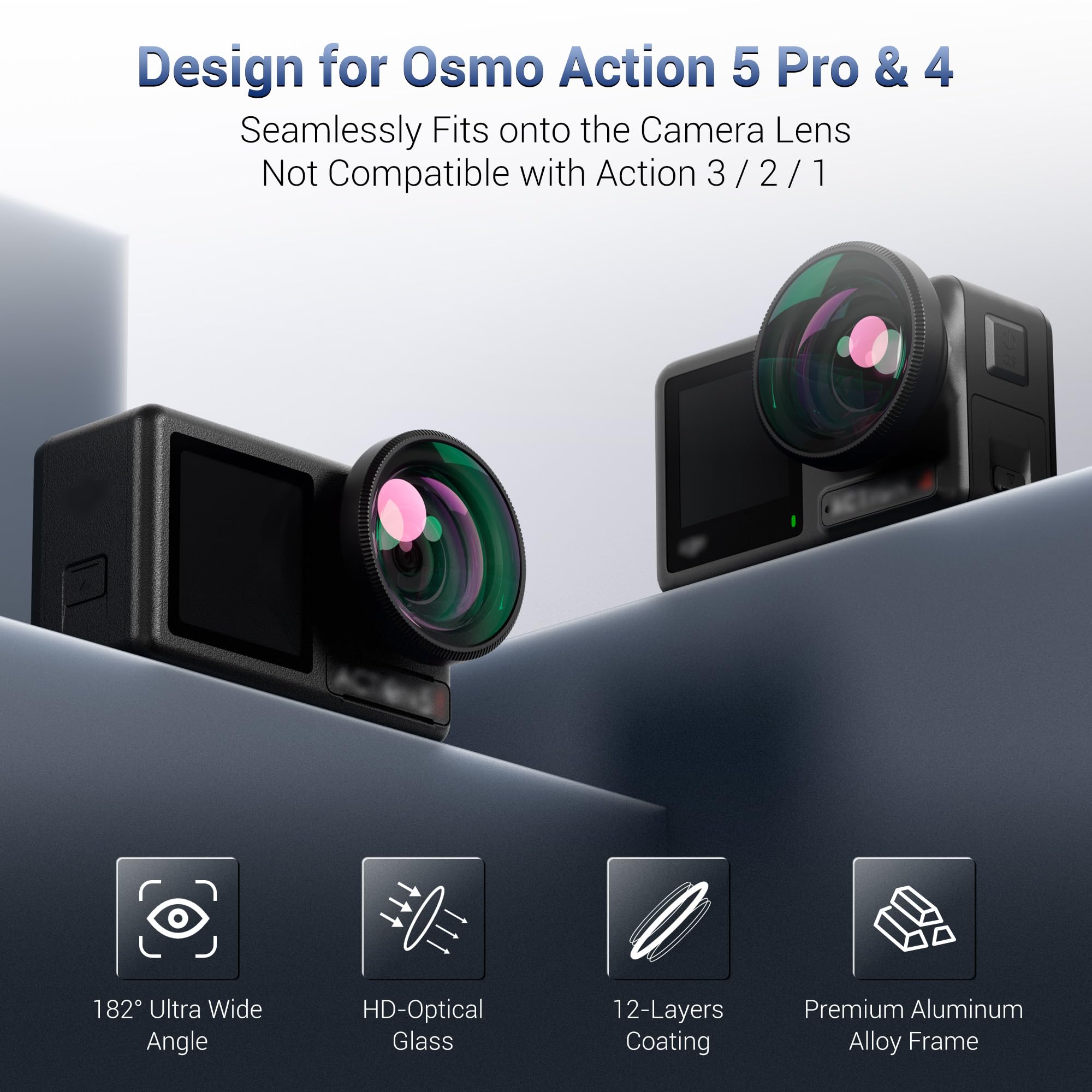 Osmo Action 5 Pro 4 Objectif grand angle pour DJI Osmo Action 5 Pro/4 avec boîte de filtration, objectif grand angle FOV 182°, verre optique HD multicouche avec cadre en aluminium