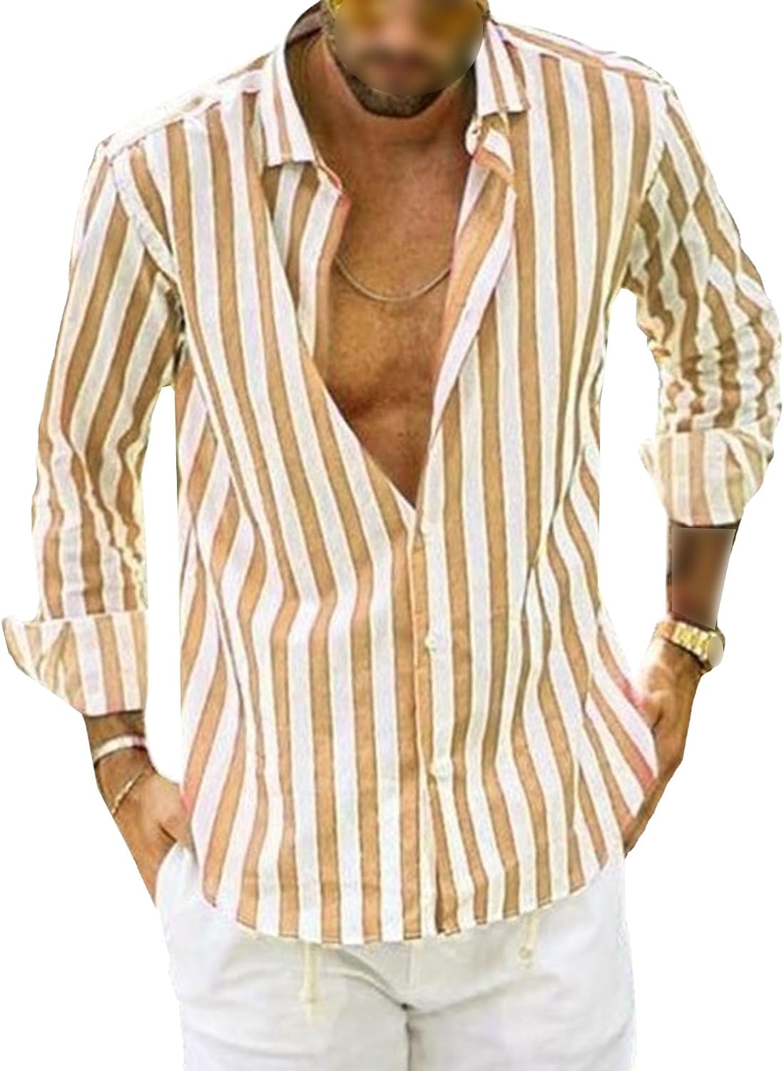 Men's Long-Sleeve Regular-Fit Stretch Shirt Button-Down Striped Cotton Dress Shirt Casual Summer Yoga Tops