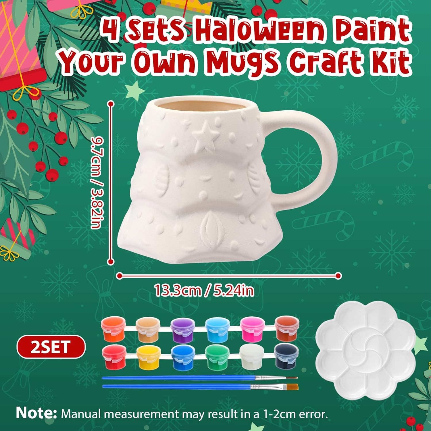 Zubebe 4 Sets Christmas Paint Your Own Mugs Craft Kit, Xmas Ceramic to Paint, Christmas Tree DIY Mugs for Adults, Festive Coffee Tea Cup for Adults with Painting Set for Xmas Craft Family Gift