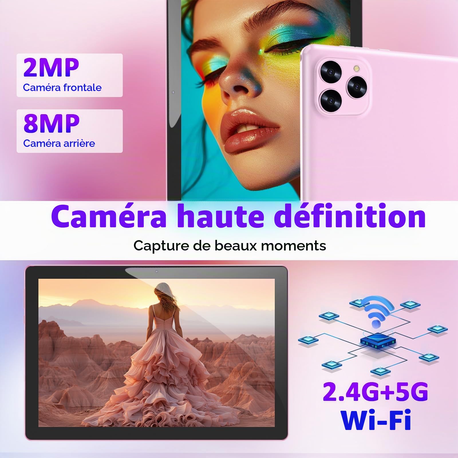 Tablette Android 15 10" 12 Go de RAM + 64 Go de ROM/ 2 To, écran tactile HD 1280 * 800, 5G WiFi6 BT 5.0, tablettes 2 en 1 avec étui clavier, souris, stylet rose