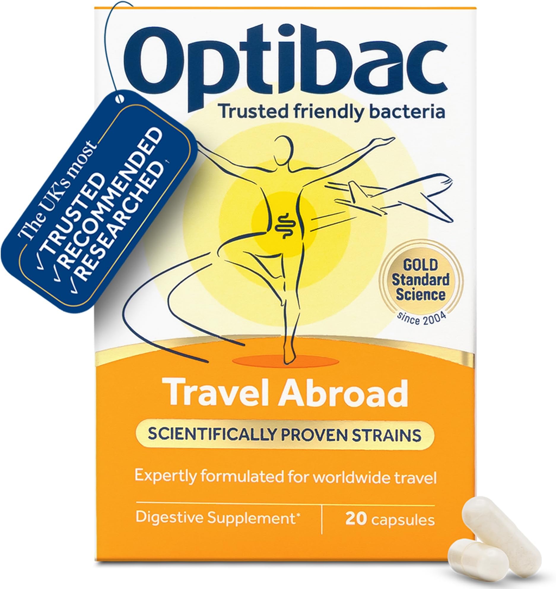 Optibac Travel Abroad - Vegan Digestive Supplement for Travel - 20 Capsules