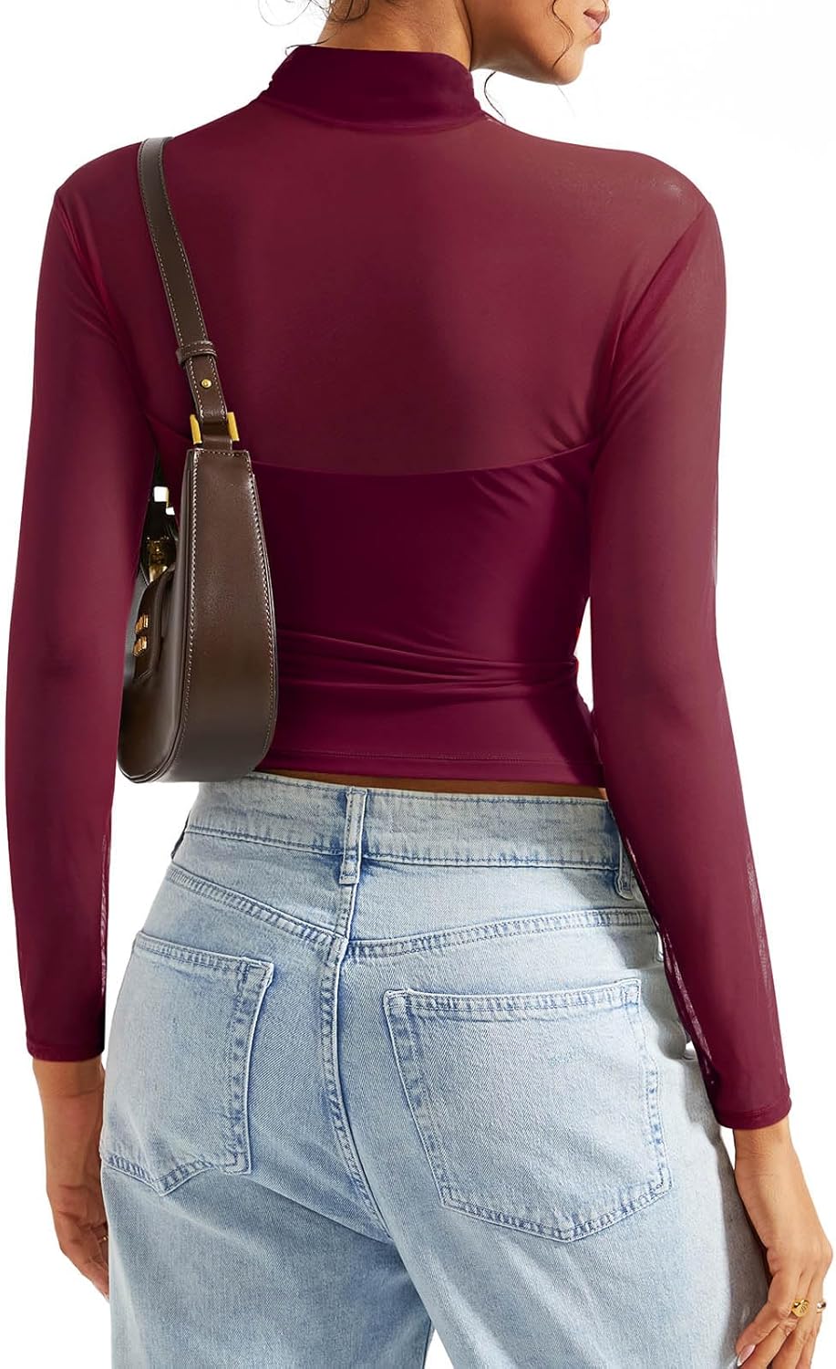 SUUKSESS Women Double Line Mesh Sheer Crop Tank Tops Mock Neck Long Sleeve Shirts - Image 5