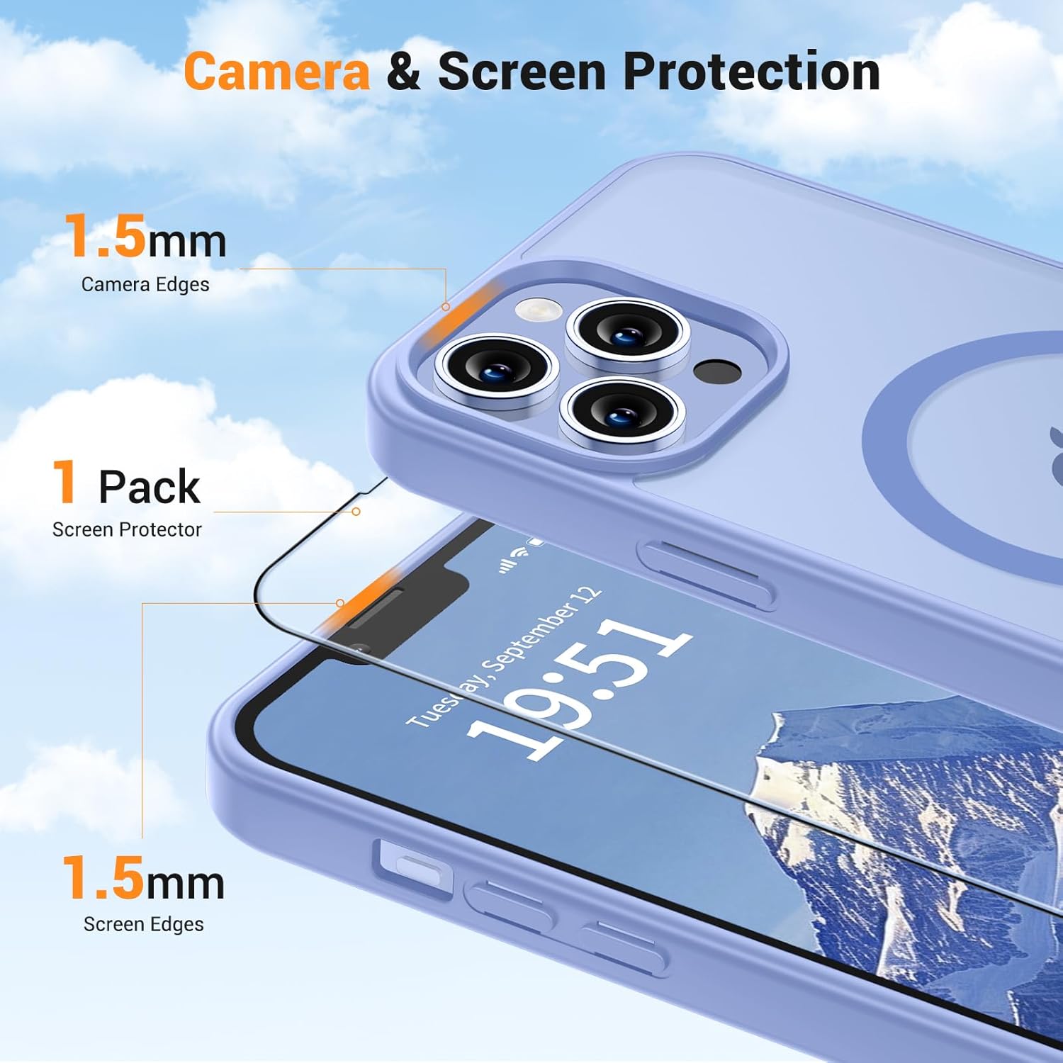 vnnink for iPhone 13 Pro Max Case with Screen Protector,Magnetic Matte Military Grade Drop Protection Translucent Cell Phone Cover - Slim Rugged Durable Shockproof Bumper Cover-Blue Purple