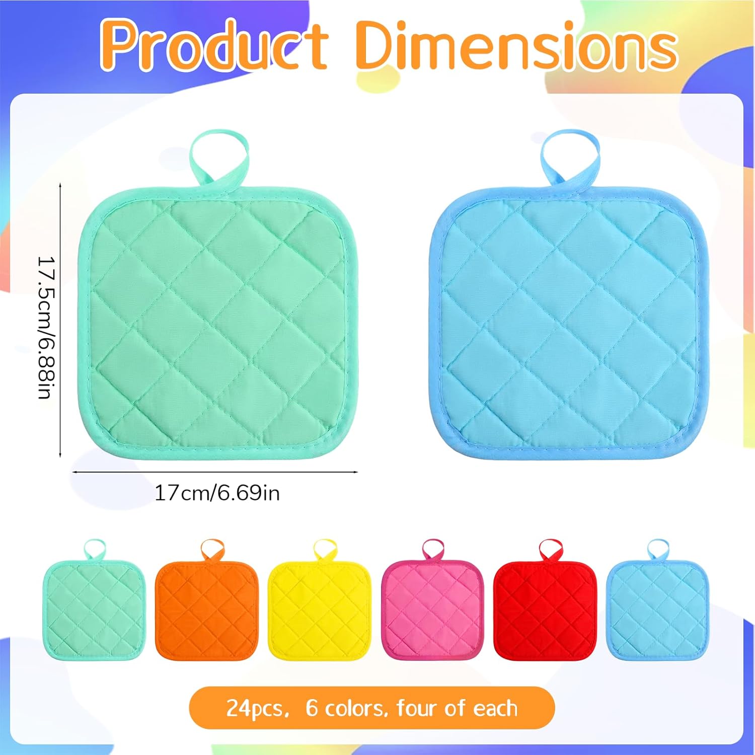 24 Pcs Cotton Pot Holders for Kitchen, Multicolor Square Hot Pads, Thicken Heat Resistant Potholders, Cloth Potholders for Hot, Trivet for Cooking and Baking with Hanging Loops, 6.9 x 6.7 Inch