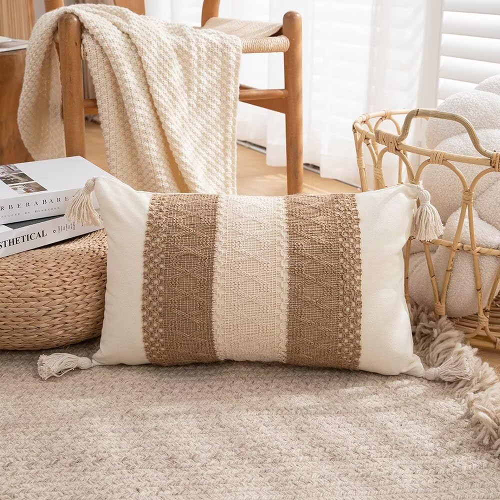 VanderHOME Moderna Beige Fodera per Cuscino Federa per cuscini Boho con Nappine e Ciuffi Fodera per Cuscino Soggiorno Morbido per Decorativi Letto Divano e Salotto 30x50cm Bloccare