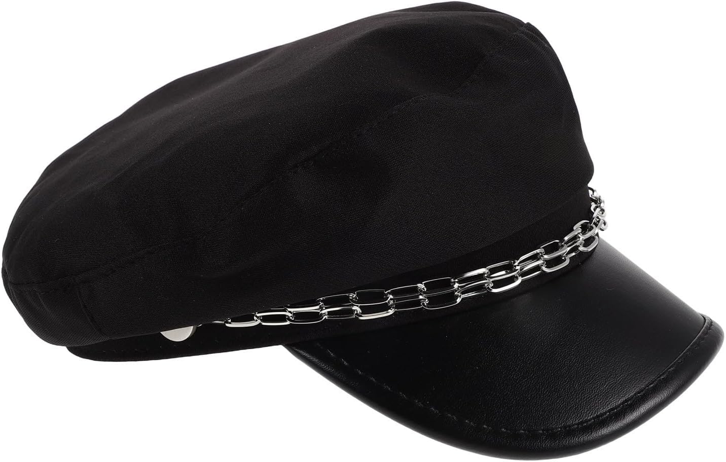 Vaguelly Women’s Vintage Newsboy Cap with Chain, Pu Leather and Polyester Material, Comfortable Wear with Pressure Reducing Design, Flat Crown Black Classic Style Fiddler Cap for Daily Use