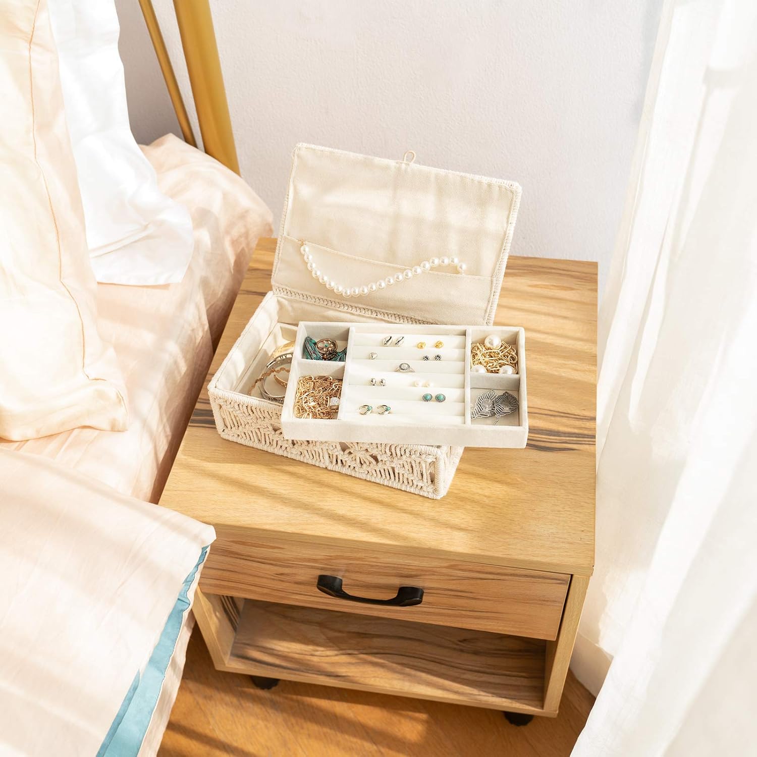 Mkono Macrame Jewelry Box Organizer Two Layer Display Storage Case Boho Decoractive Boxes Handmade Woven Jewllery Holder for Earrings Rings Necklace, Gifts for Women Girls Ladies : Clothing, Shoes & Jewelry