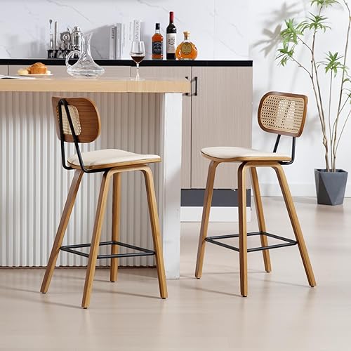Miniatura 8 de HEAH-YO Juego de 2 taburetes de ratán de 26 pulgadas de altura de mostrador con respaldos y patas de madera, moderno taburete de ratán de piel