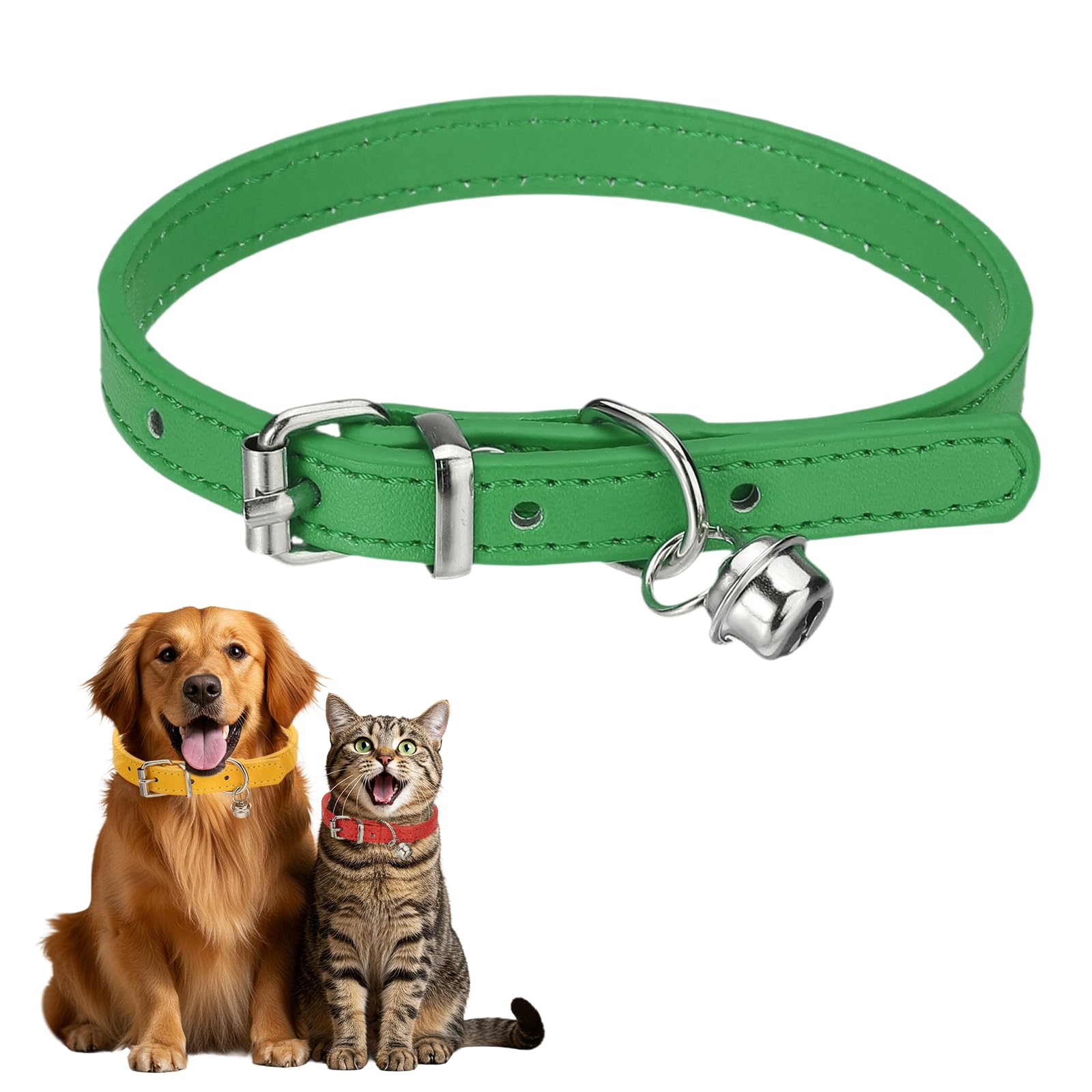 sourcing map Dog Collar with Bell, Pu Leather Cat Collars Pet Basic Soft Padded Adjustable Buckle, 12" (Green, 1 Pcs), Intended for Teacup/Little Dog/Kitten Cats/Small Animals — image 1