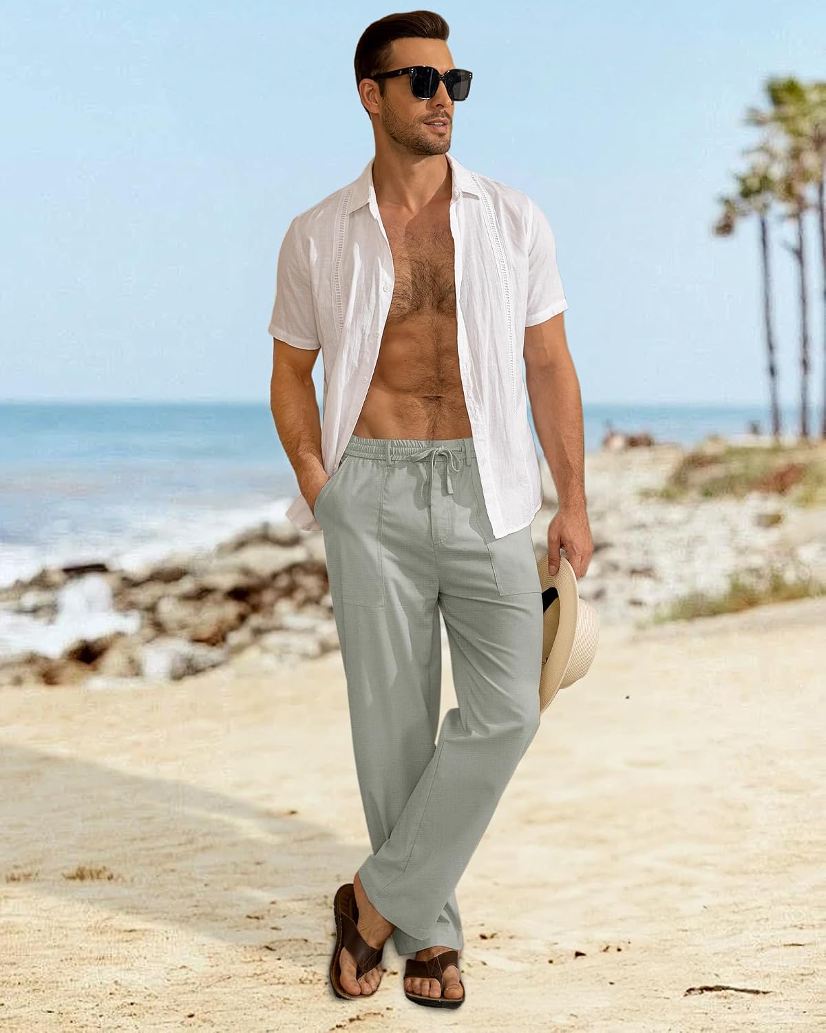 Mens Linen Pants Casual Elastic Waist Drawstring Pants Loose Straight Linen Pant Beach Trousers with 4 Pockets