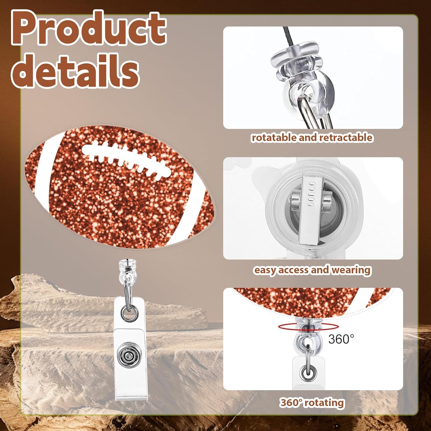 Football Badge Reel Glitter Bow Retractable - Acrylic & ABS ID Badge Holder with Alligator Clip, Sporty Decorative Badge Reel for Office, Events & Sports Fans