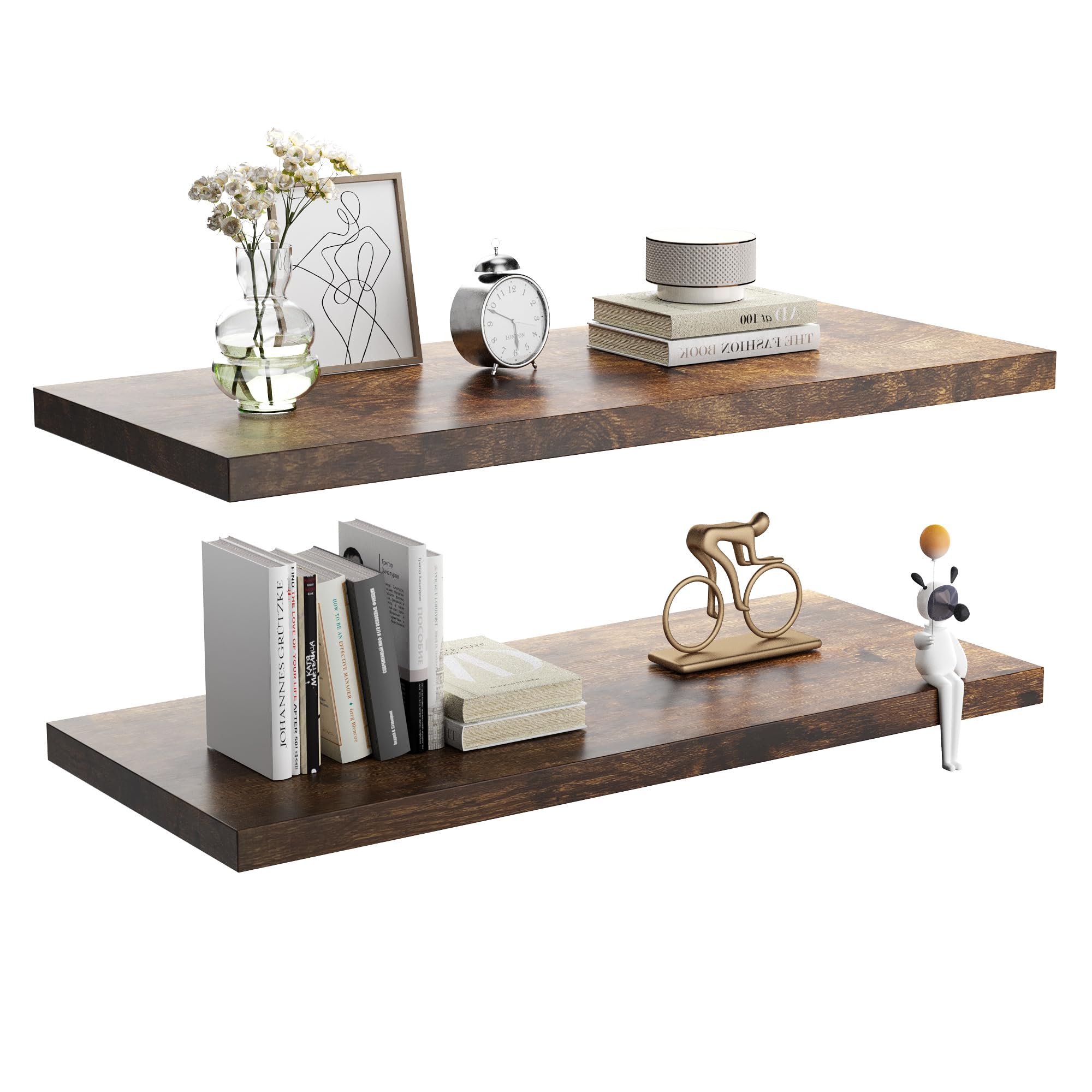 JPND Wall Shelf Set of 2, Rustic Brown Floating Shelves 24 in W x 10 in D x 1 in H, Wooden Floating Wall Shelf with Invisible Brackets for Living Room