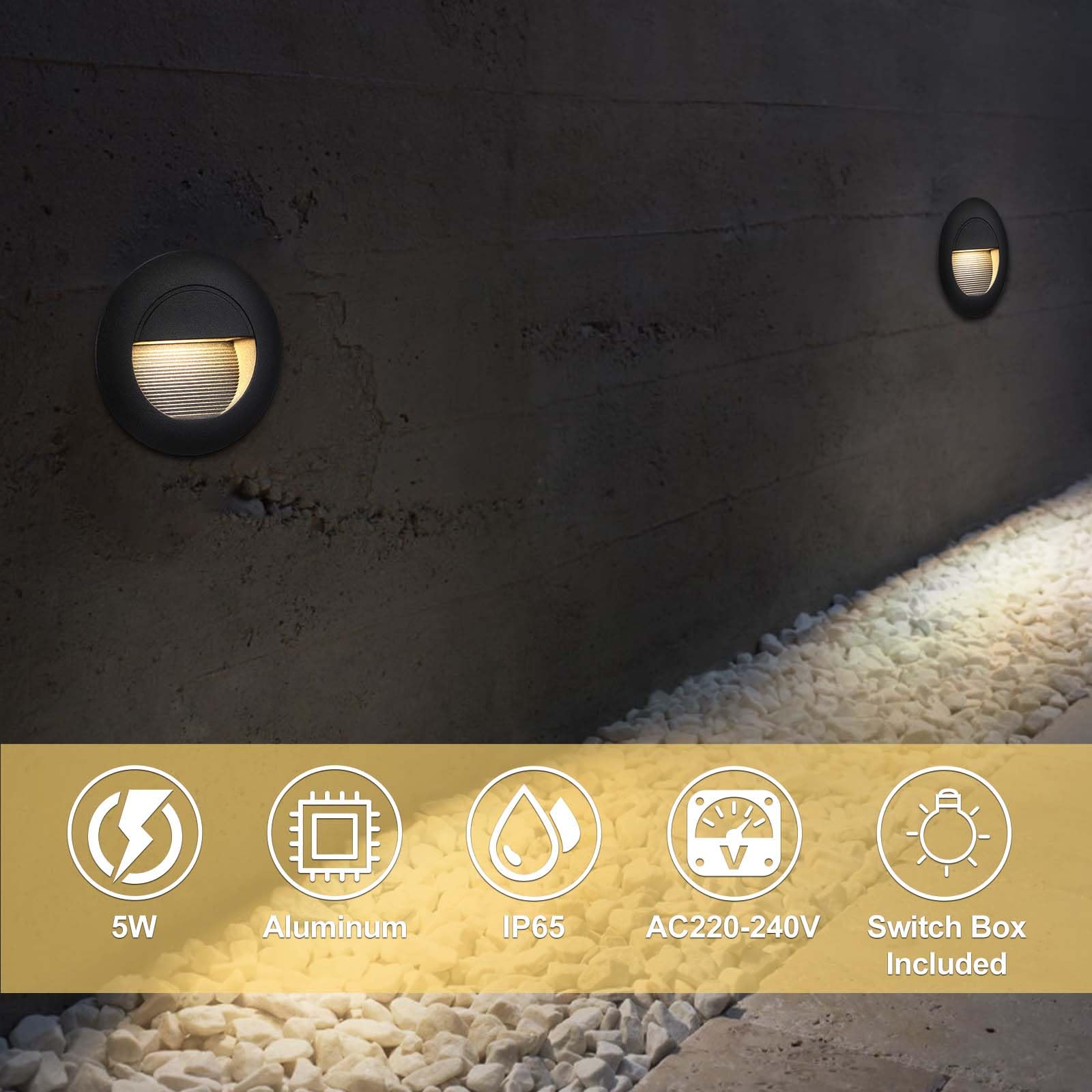 VivaLet 6 Stück LED Treppenbeleuchtung 5W 500LM, Wandbeleuchtung 230V 3000k, IP65 Treppenstufenbeleuchtung Außen, Wandeinbauleuchte Unterputzdose 66mm, 85 x 85mm, Treppenlicht Aluminium Schwarz