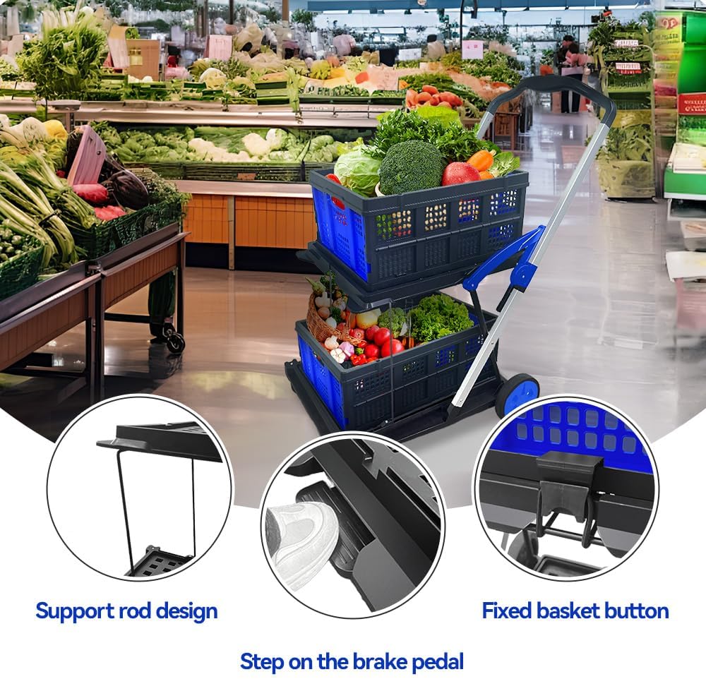 Two Layers Folding Shopping Cart | Multi Use Functional Collapsible Carts | Collapsible Grocery Carts | Shopping Cart with Storage Crate | Utility Cart for Groceries, Warehouse,Supermarket.Blue