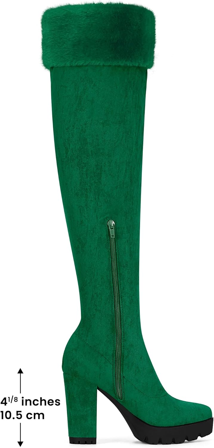 Allegra K Women's Platform Faux Fur Zipper Chunky Heel Over Knee Thigh High Boots