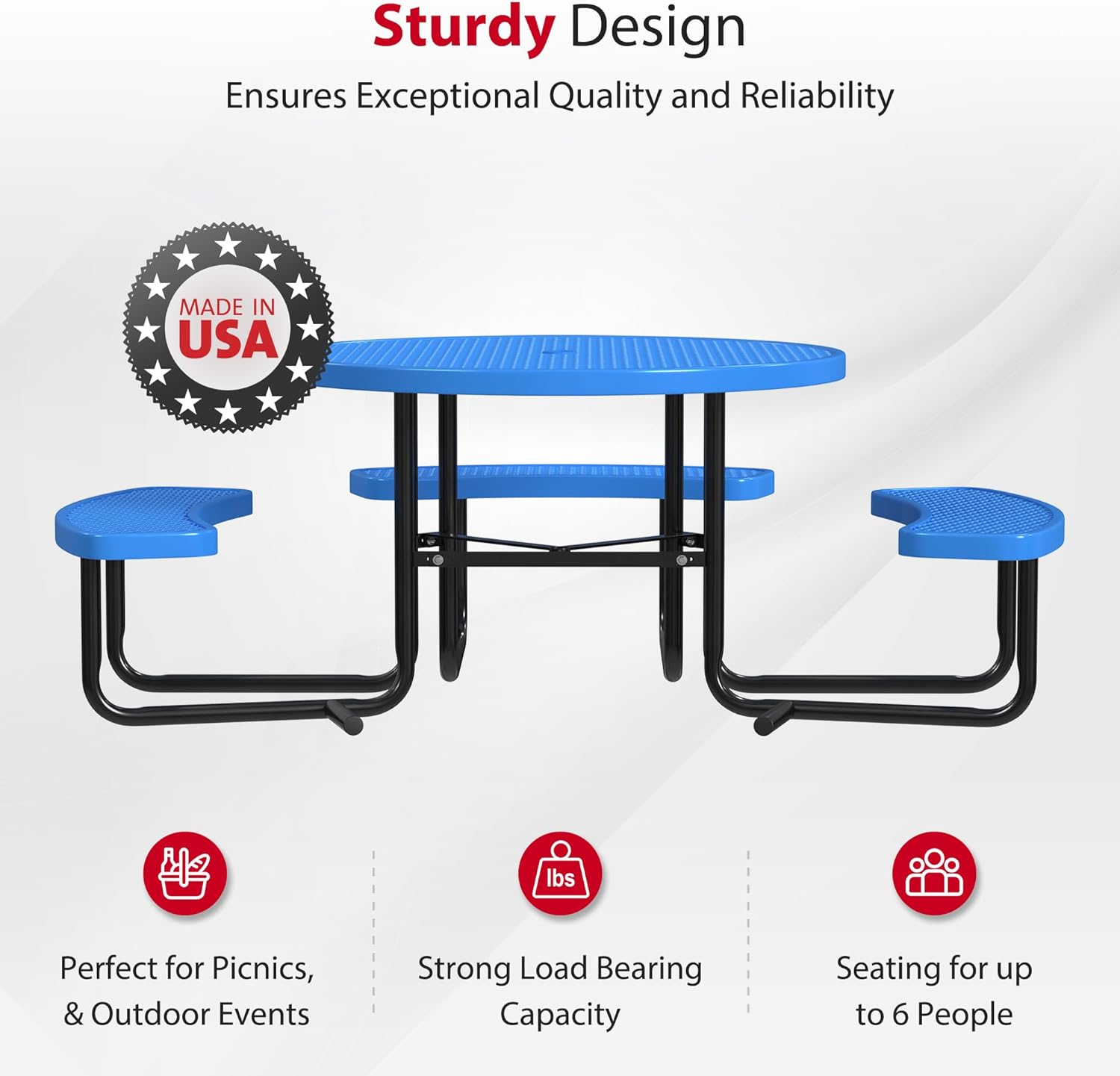 Leisure Craft Metal Picnic Table with Bench - 46" Round Outdoor Dining Table with Umbrella Hole, Heavy Duty Thermoplastic Coating, ADA Compliant, Commercial Grade Furniture Made in USA - Blue