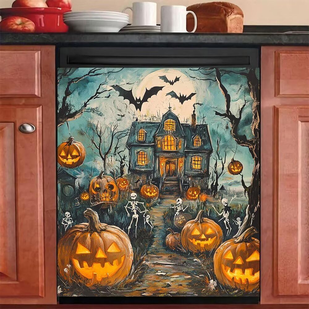 Halloween Horror House Pattern Dishwasher Magnet Cover, Pumpkin Skull Anti-Scratch Magnetic Stickers for Fridge Refrigerator Panel, Happy Halloween Dishwasher Decorative Cover, Magnetic 23" x 26"