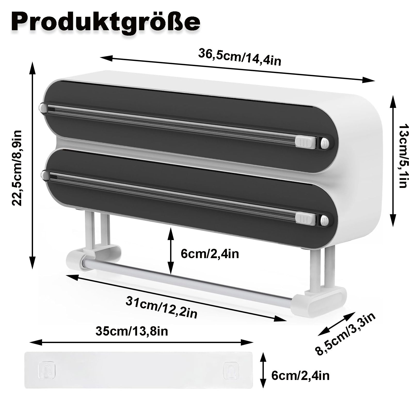 3 in 1 Frischhaltefolienspender, Küchenrollenhalterung mit Küchenrollenhalter, Folienschneider Magnetischer mit Küchenrollenhalter, Wandrollenhalter Alufolienspender, Schwarz