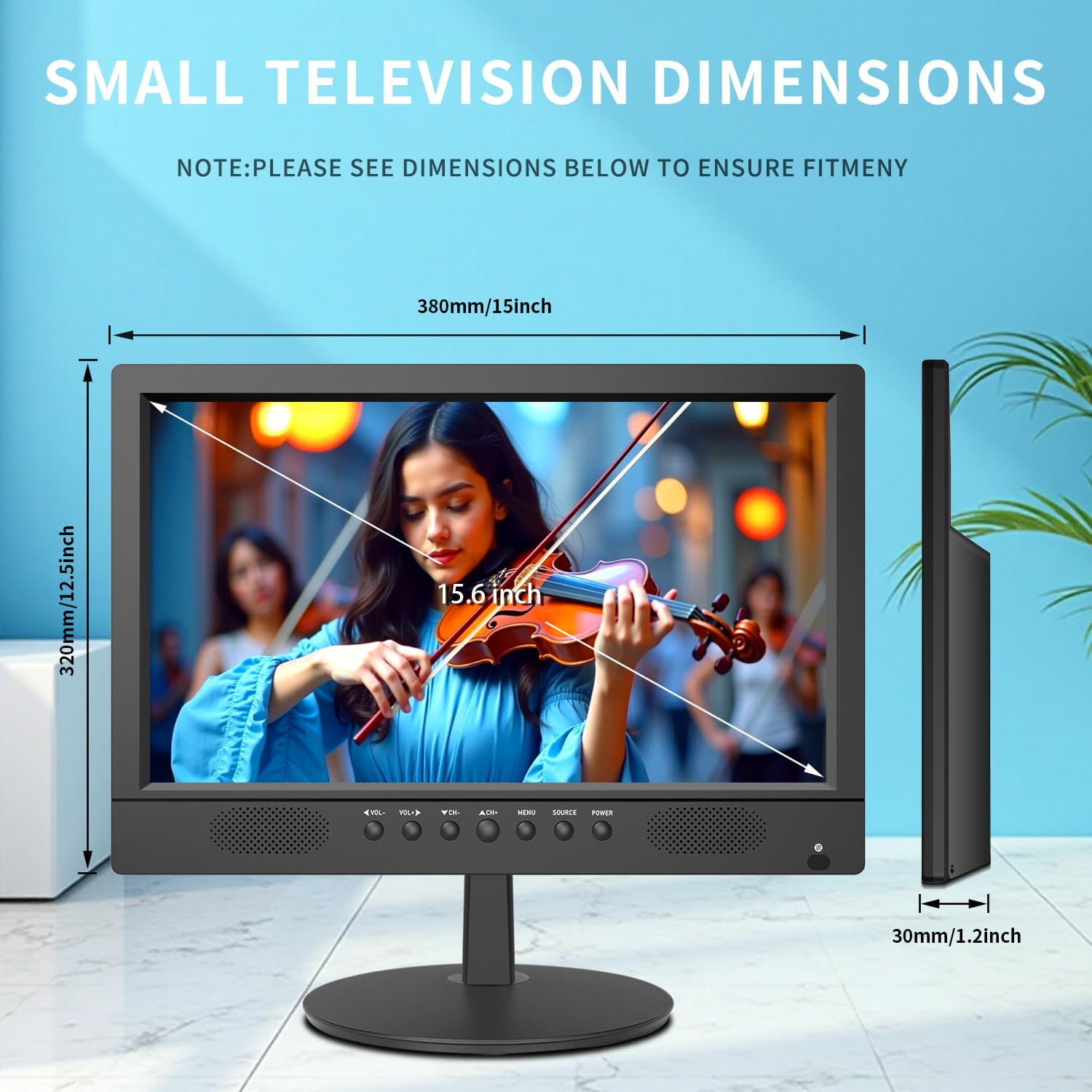 KCR Televisor Digital Portátil de 15,6 Pulgadas, DVB-T2, HDMI/VGA, USB, Alimentación 12V/220V, con Mando a Distancia