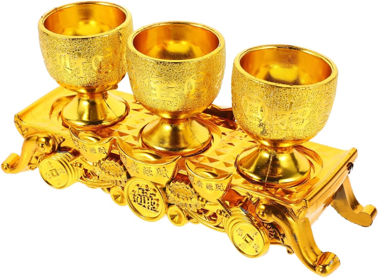 Beavorty Temple Offering Cup Set 3 Pcs Decorative Cup with Base Classic Altar Set for Worship Household Temple Retro Table Decor 6.69 X 3.14 X 2.16 in