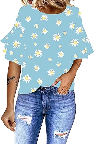 luvamia Blusa casual de manga acampanada de 34 con cuello redondo para mujer