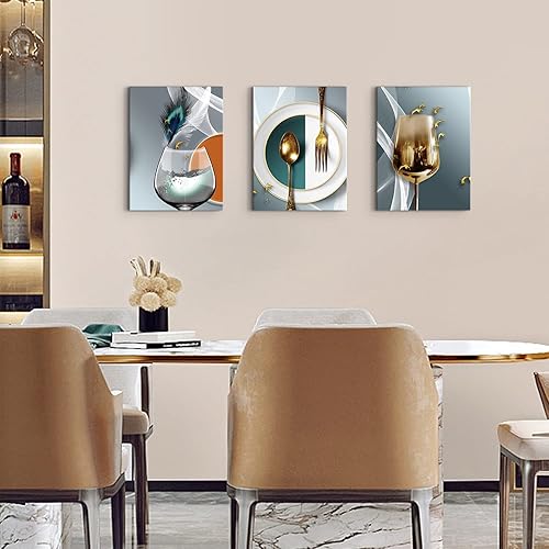 Miniatura 2 de AIYISU 3 piezas de arte de pared de cocina con copas de vino para decoración de pared del comedor Cuadros de copas de vino en teja, gris y oro