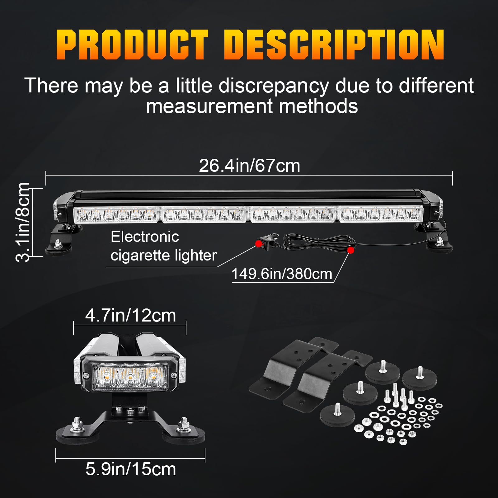 Willpower Barra Luminosa LED Stroboscopica 26 Pollici 54 LED, Ambra Magnetica Lampeggiante Giroscopio Luci di Rimorchio Di Emergenza Per Auto Camion Off Road 4x4 Vehicle, Fendinebbia 12V 24V