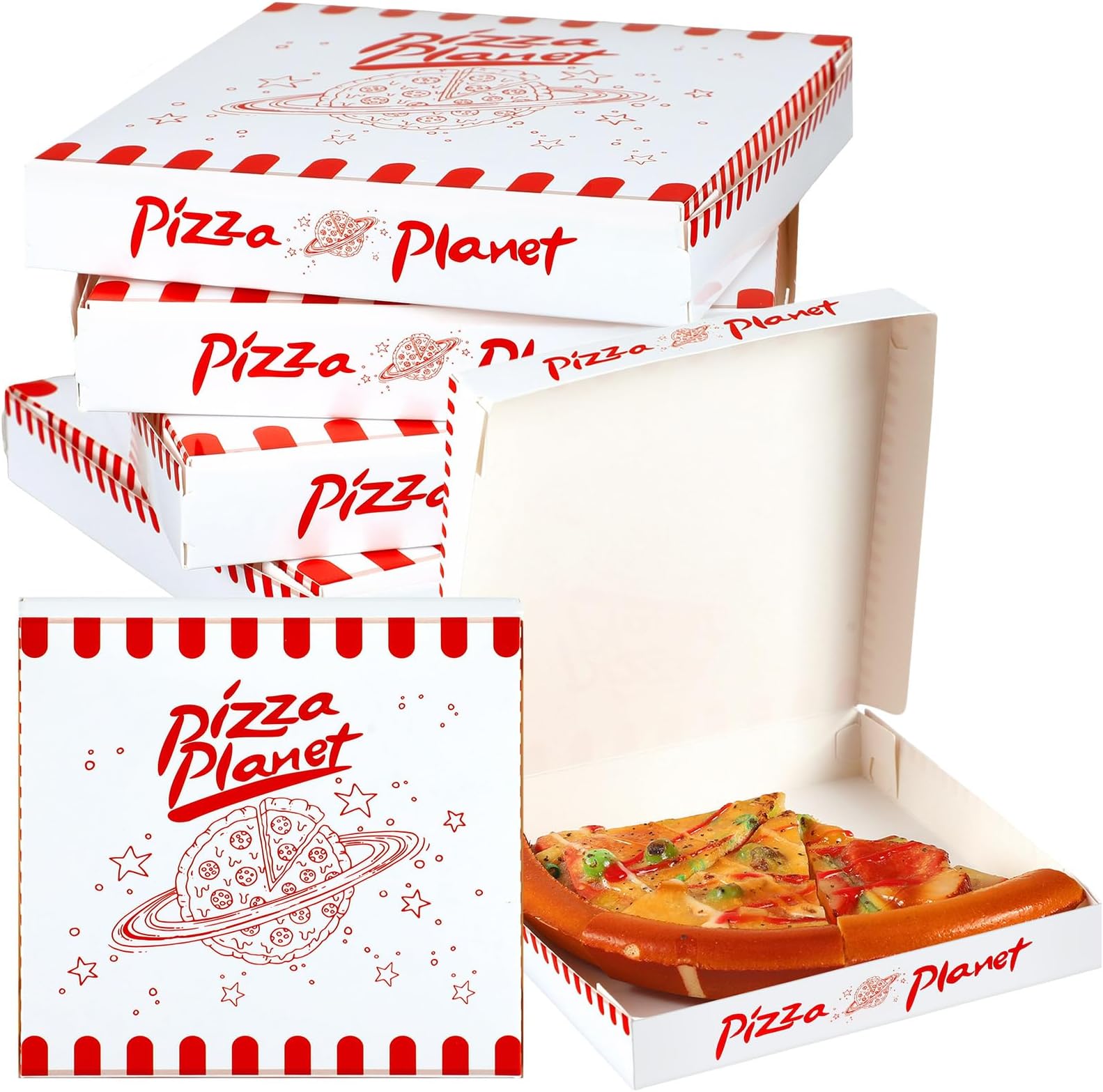 Dunzoom 48 Pcs Mini Pizza Planet Pizza Boxes for Toy Inspired Story Party Favor 5.1 Inch Mini Pizza Boxes Pizza Planet Decorations for Story Party Pizza Planet Party Decorations