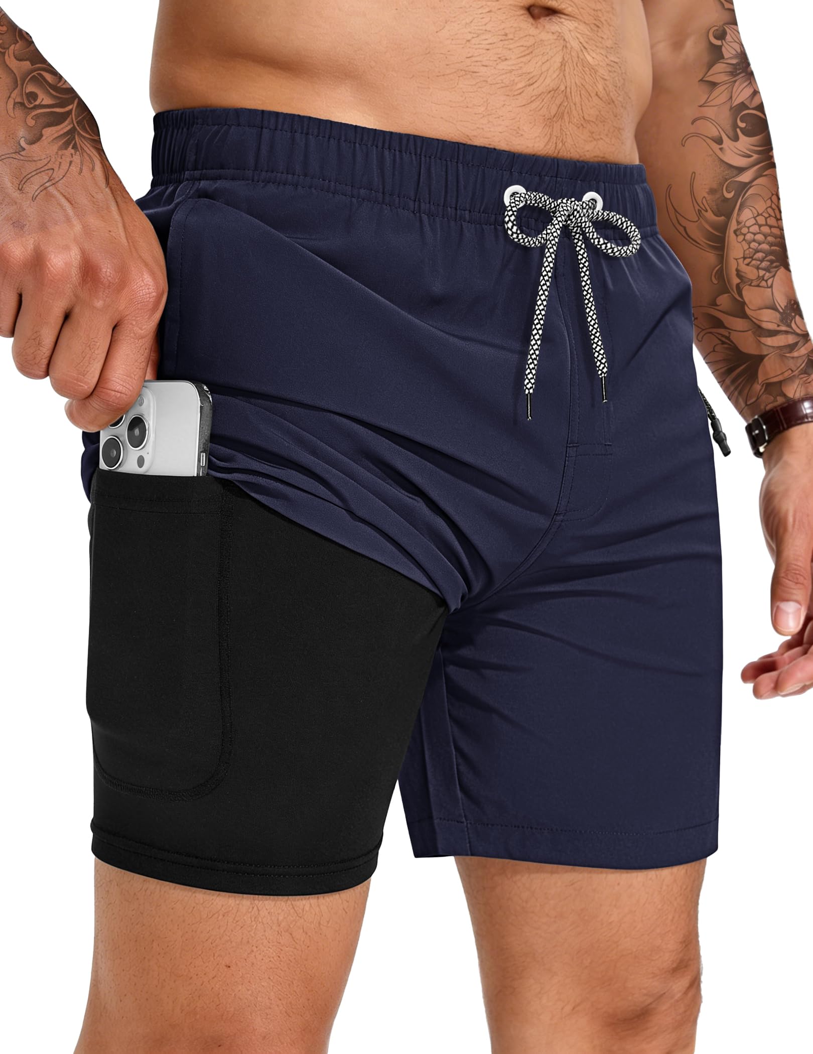 TARAINYA Badehose Herren Zipper Badeshorts 2 in 1 Kompression Liner Schnelltrocknend Atmungsaktiv mit Kordelzug für Strand Schwimmen Urlaub M-4XL