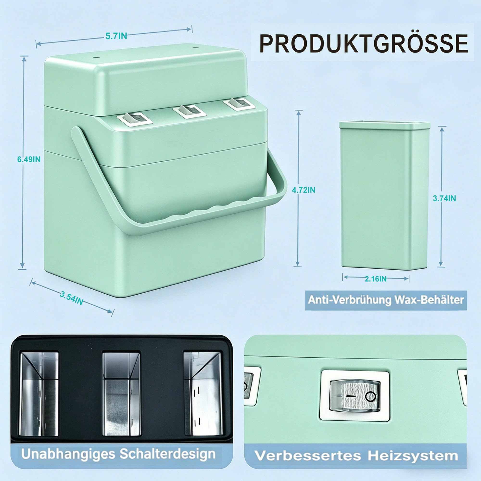 3-in-1-Roll-on-Wachs-Set, schnell aufheizendes Wachsschmelzgerät mit 3 Nachfüllrollen mit Honigwachs, Wachsroller-Heizset für die Ganzkörper-Haarentfernung (Grün, 3 in 1)