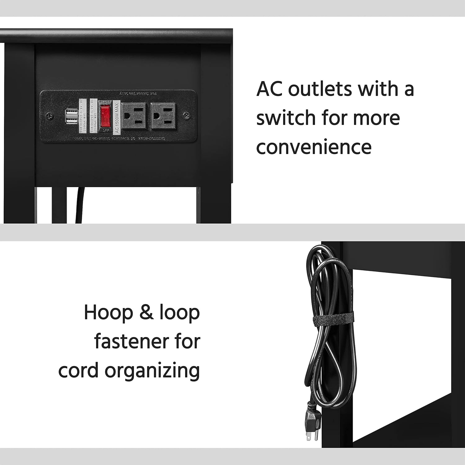 Close-up of the power outlet and wire management on the desk.