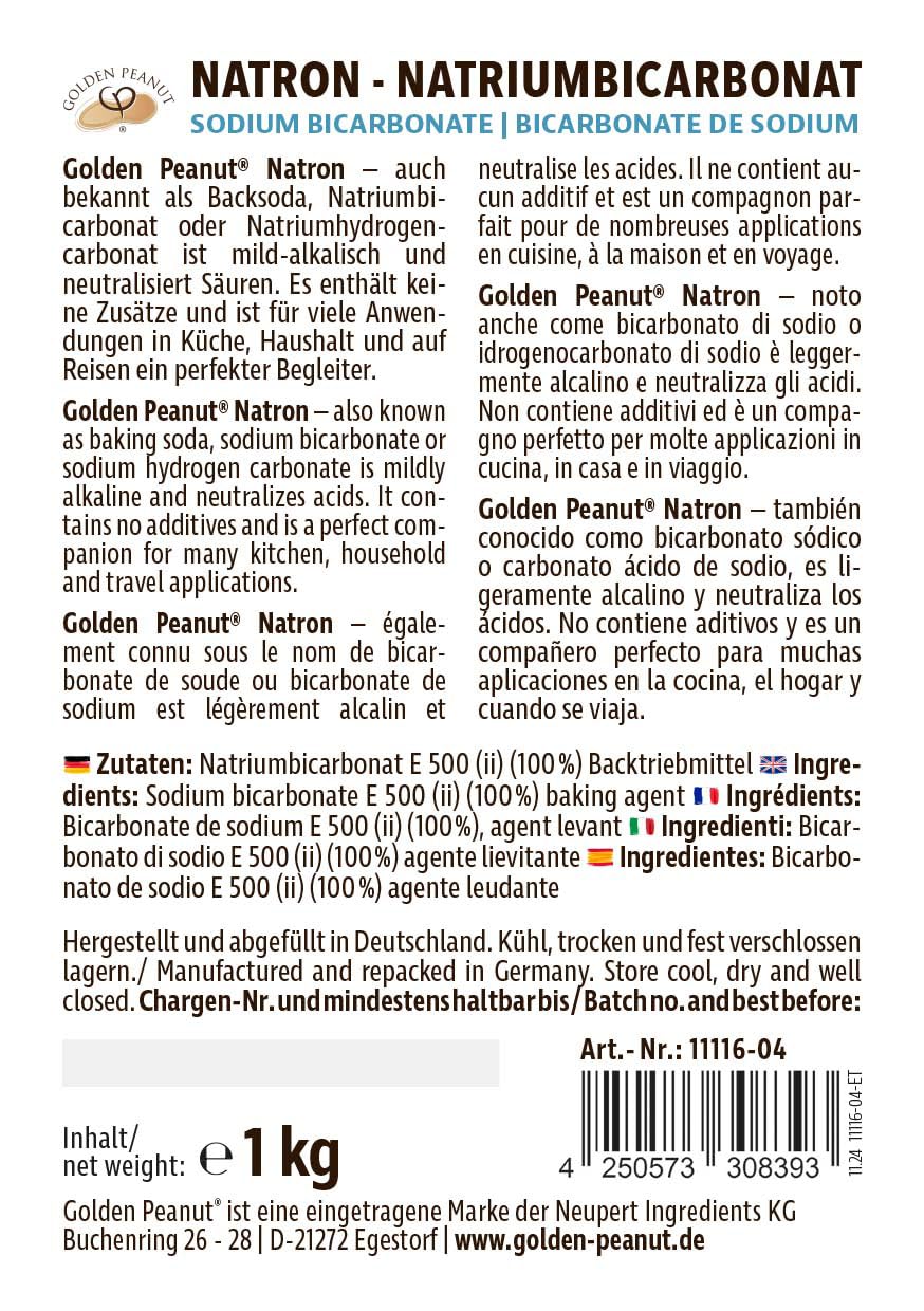 GOLDEN PEANUT Natron Pulver 10 x 1 kg, Natriumhydrogencarbonat, Backpulver, Backsoda, Haushalts-Soda, hochreine Lebensmittelqualität aus Deutscher Herstellung