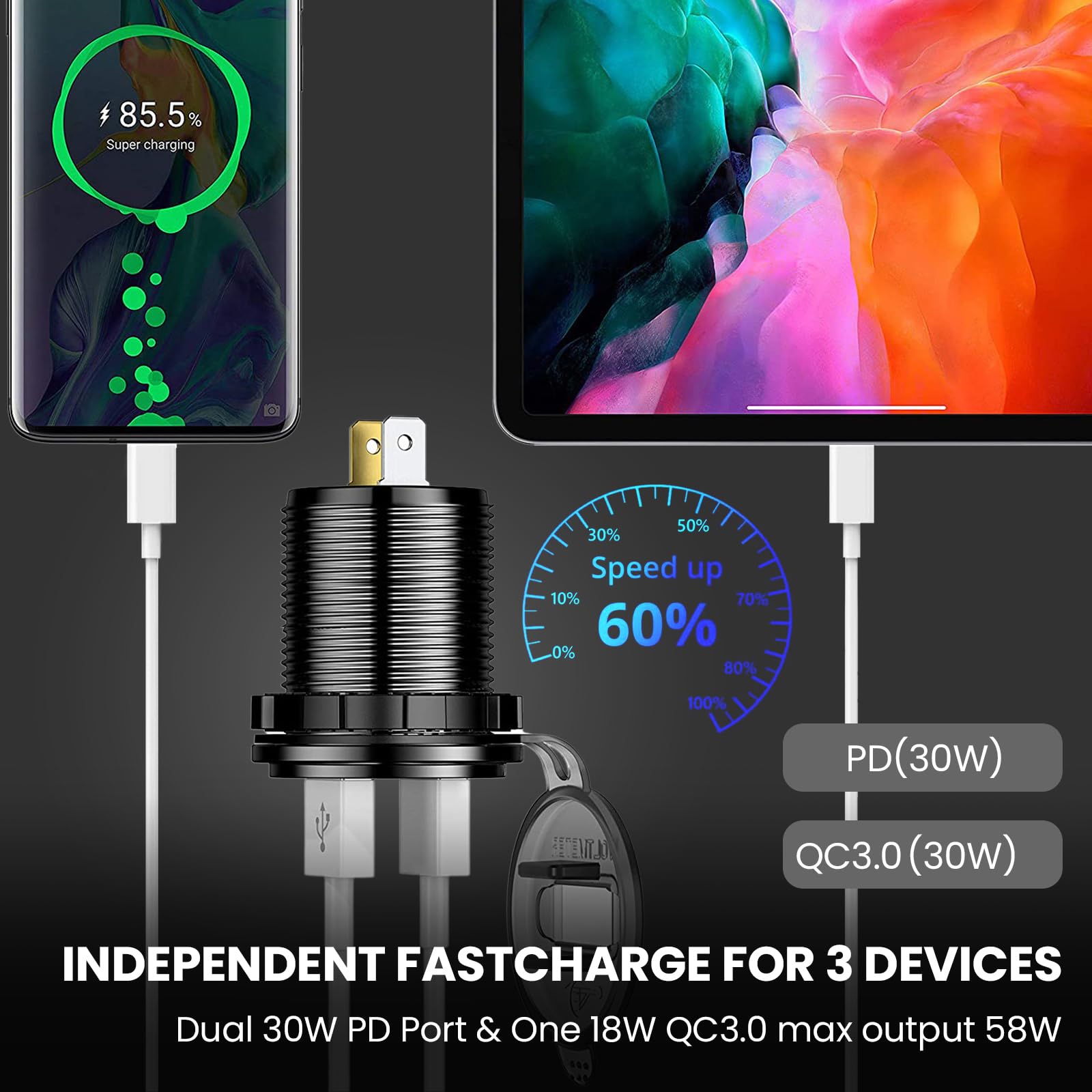 Enchufe USB de 12 V para coche, 3 puertos, aluminio marino, carga rápida, impermeable, salida USB C de 12 V para coche, carrito de golf, barco, autobús, camión, RV, motocicleta, etc. (2PD+1QC (paquete