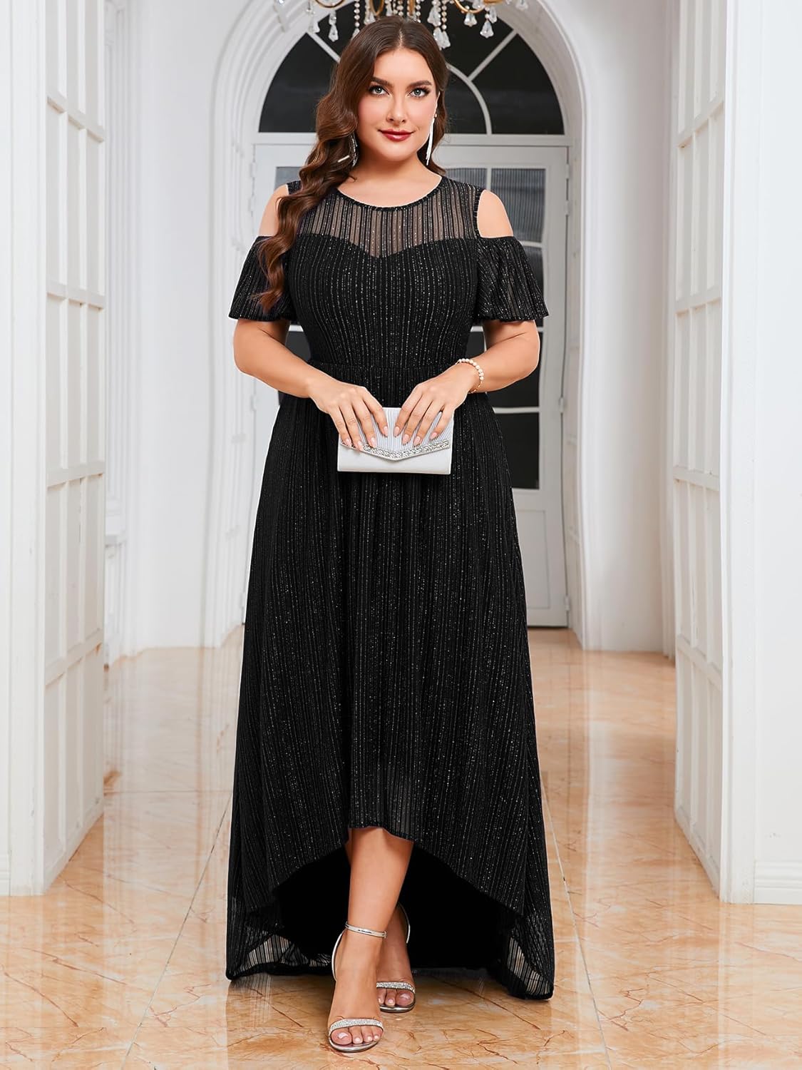 ZOMVA Plus Size Sparkly Mesh Maxi Dress Cold Shoulder Ruffle Sleeve High Low A Line Dresses Wedding Guest Cocktail Party - Image 4