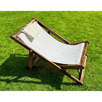 Heehee Wooden Deck Chair Height Adjustable Extra Large and Extra Wide Beach Loungers Folding Chairs Wooden Deck Chairs Garden Outdoor Lounger for Beach and Pool with Adjustable Canvas Hanging