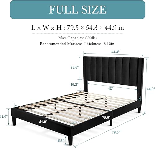 Miniatura 47 de HOOMIC Base de cama de plataforma de tamaño matrimonial con cabecera de canal vertical tapizada de terciopelo de felpa, no necesita somier, fácil