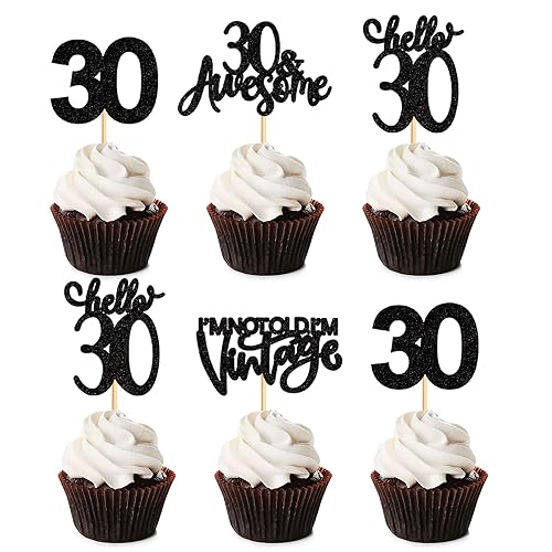 Miniatura 8 de Ercadio Paquete de 24 adornos para cupcakes de 30 años con purpurina negra para cupcakes de 30 años para 30 cumpleaños, aniversario, fiesta,