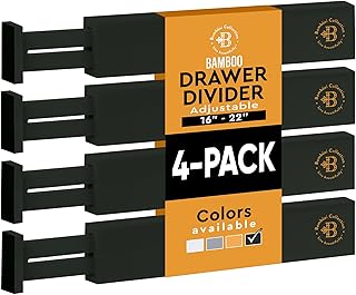 Bambüsi 4 Pack Drawer Dividers - 2.6" High, 16-22" Adjustable Drawer Bamboo Organizers for Clothes, Expandable Dresser Separators in Bedroom/Bathroom/Kitchen/Office Organization and Storage (Black)