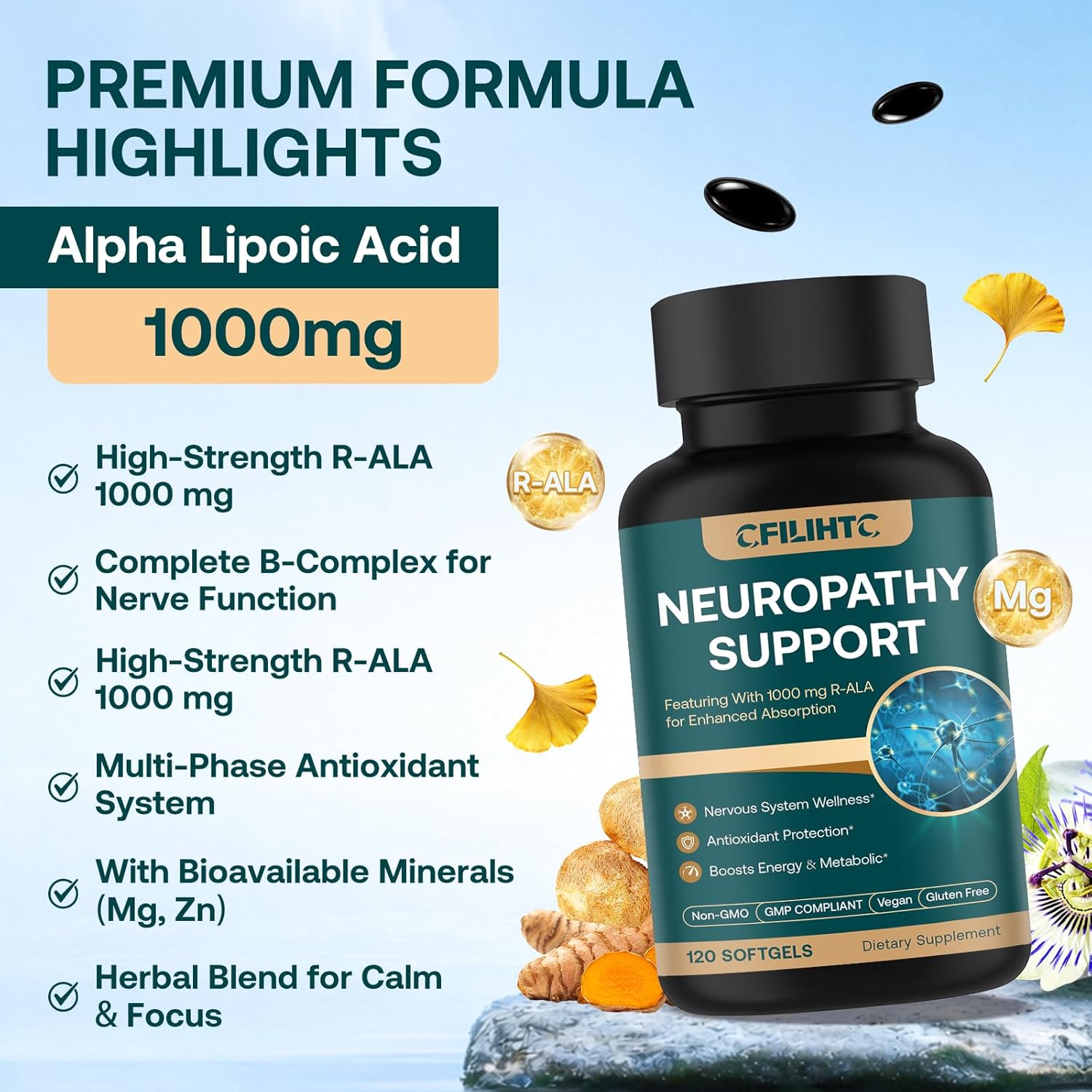 Neuropathy Support Nerve Supplement – Advanced R-Alpha Lipoic Acid Supplement with Benfotiamine, NAC & B-Complex for Nerve Health, Antioxidant & Cellular Energy - Vegan 120 Softgels - Image 6